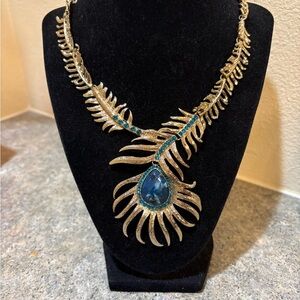 Elegant Gold and Blue Peacock Feather Necklace